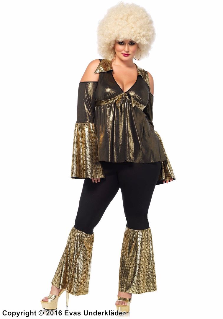 70-tals disco-diva, maskeraddräkt med topp och byxor, cold shoulder, utsvängda ärmar och gyllne skimmer